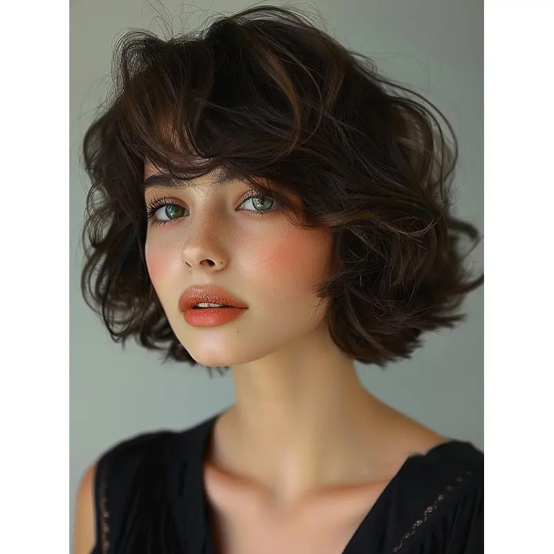 Bob Human Hair Wigs Brown 10" With Bangs Monofilament Wigs