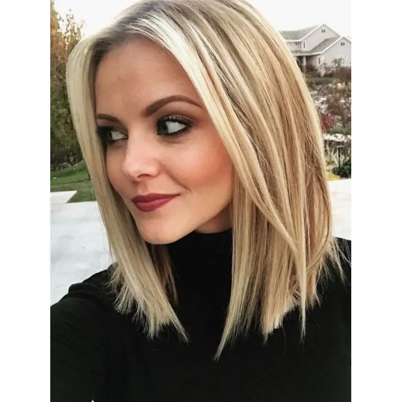 Human Hair Wig Bob Blonde 12" Layered Monofilament Wigs