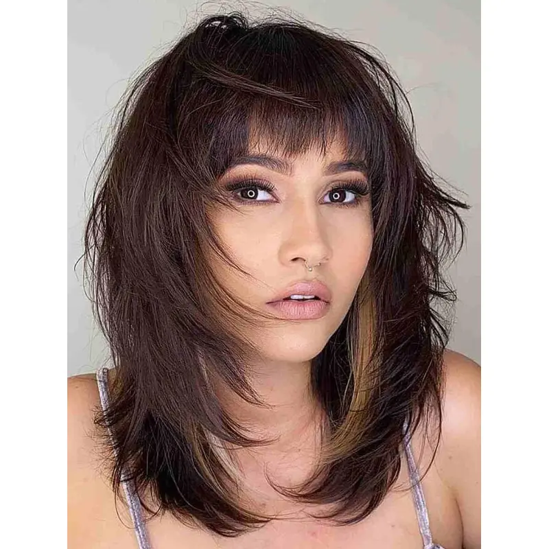 Lace Front Wigs With Bangs Straight Synthetic Wigs Shoulder Length Brown Wigs
