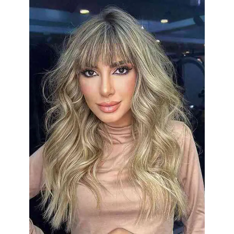 Long Blonde Wig With Bangs Synthetic 20" Wavy Monofilament Wigs
