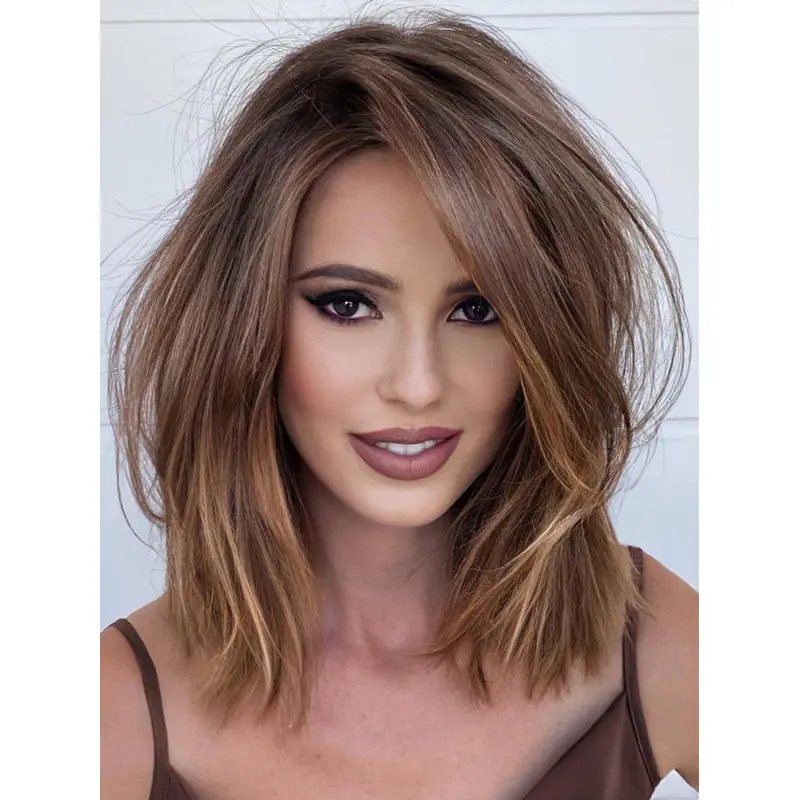 Medium Length Wigs Human Hair Without Bangs Monofilament 14" Brown Straight Wigs