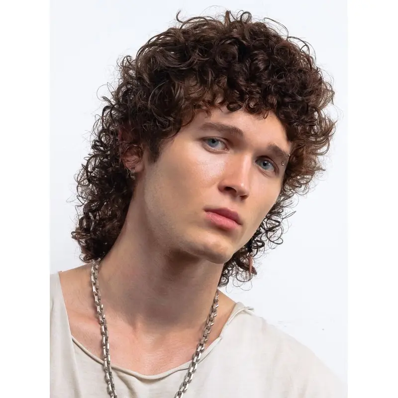 Men Hair Wig Curly Shoulder Length 12" Brown Remy Human Hair Wigs