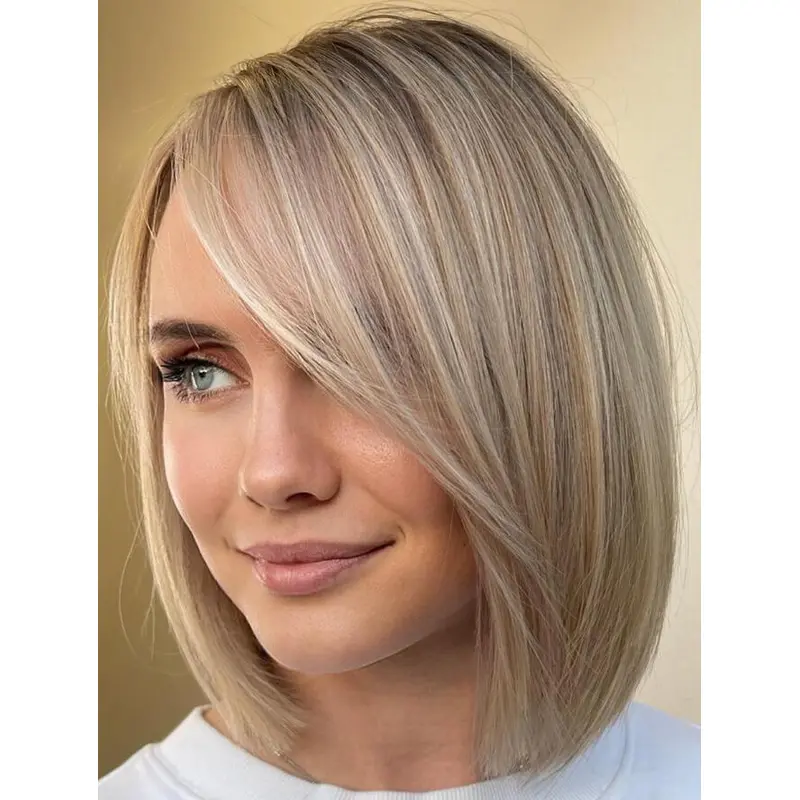 Short Blonde Wig Lace Front Straight Synthetic Swoop Bangs Wigs