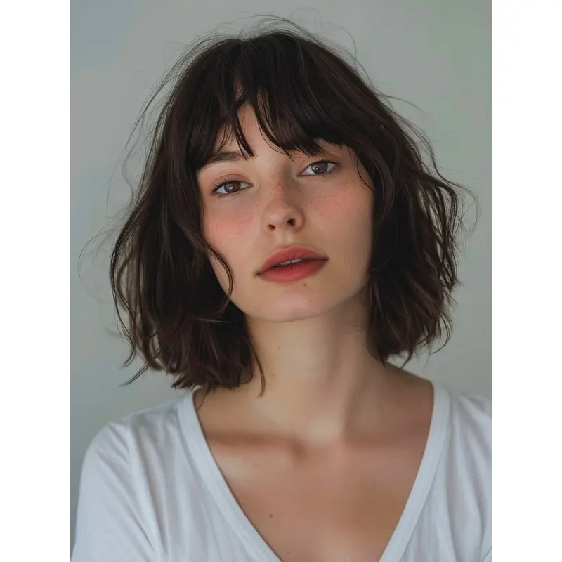 Brown Hair Bob Wig With Bangs 12" Wavy Shoulder Length Wigs