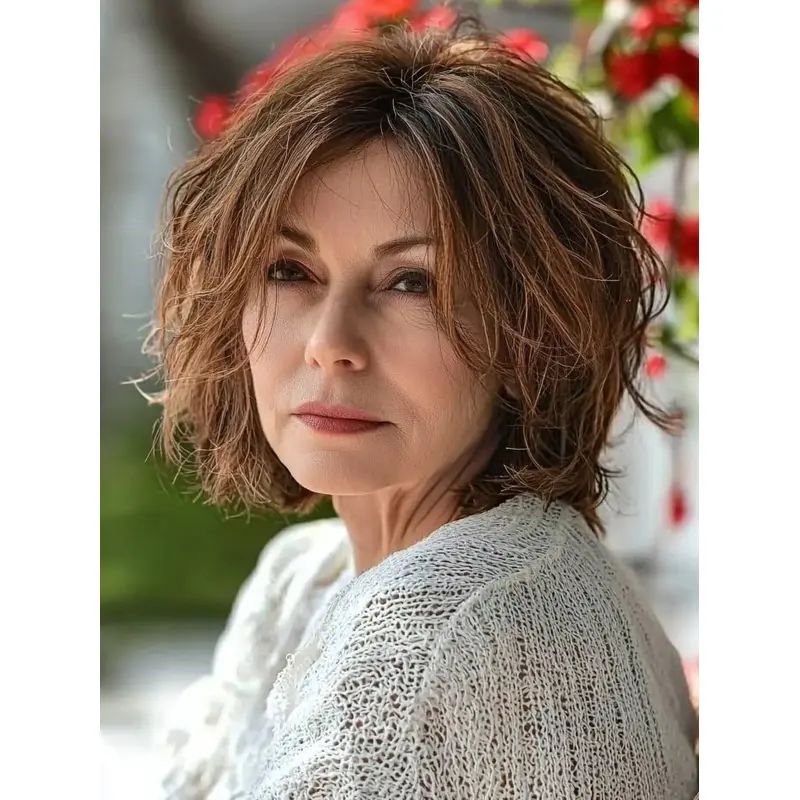 Brown Ladies Bobbed Wigs Remy Human Hair 10" Wavy Layered Wigs