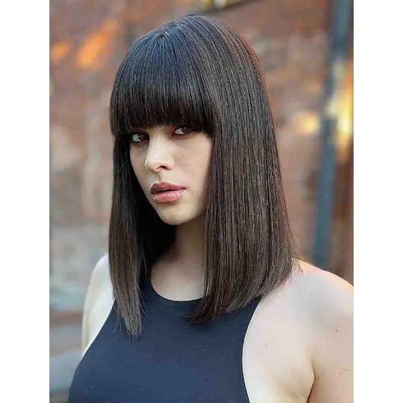 Long Brown Wigs 14" Straight Lace Front Bob With Full Bangs Wigs