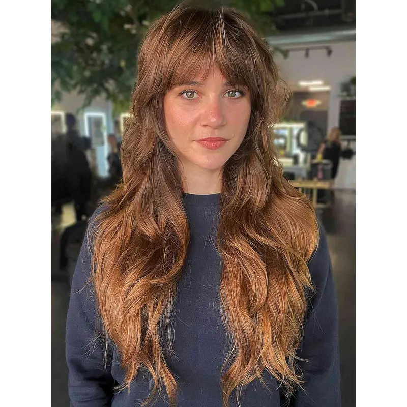 Long Wig With Bangs Wavy Monofilament 24" Wigs