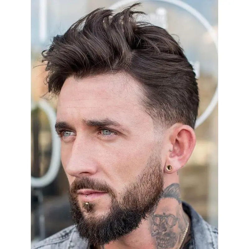 Straight Capless Remy Human Hair Brown Medium Length Low Fade Men Wigs