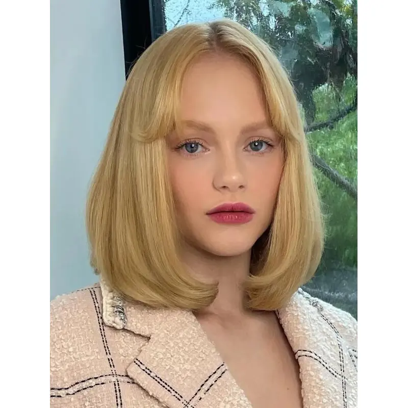 Human Hair Bob Wigs Straight Blonde Lace Front Bobs Mini Curtain Bangs Wigs
