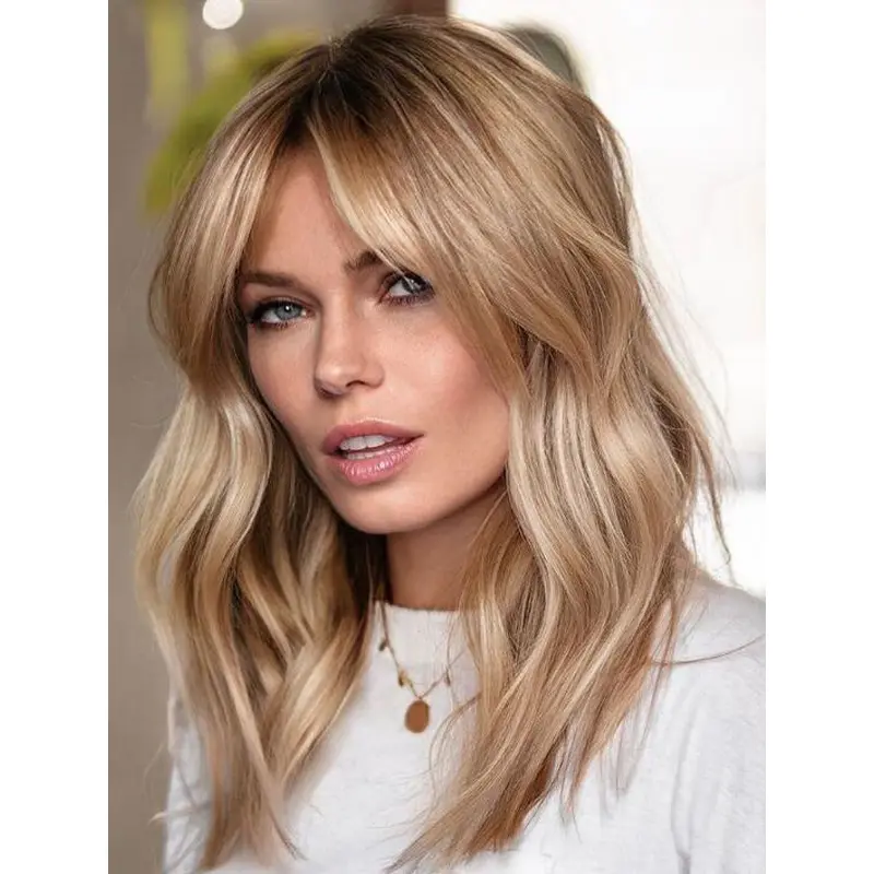 Lace Front Wigs Shoulder Length Wavy Wigs Blonde Layered Synthetic Wig