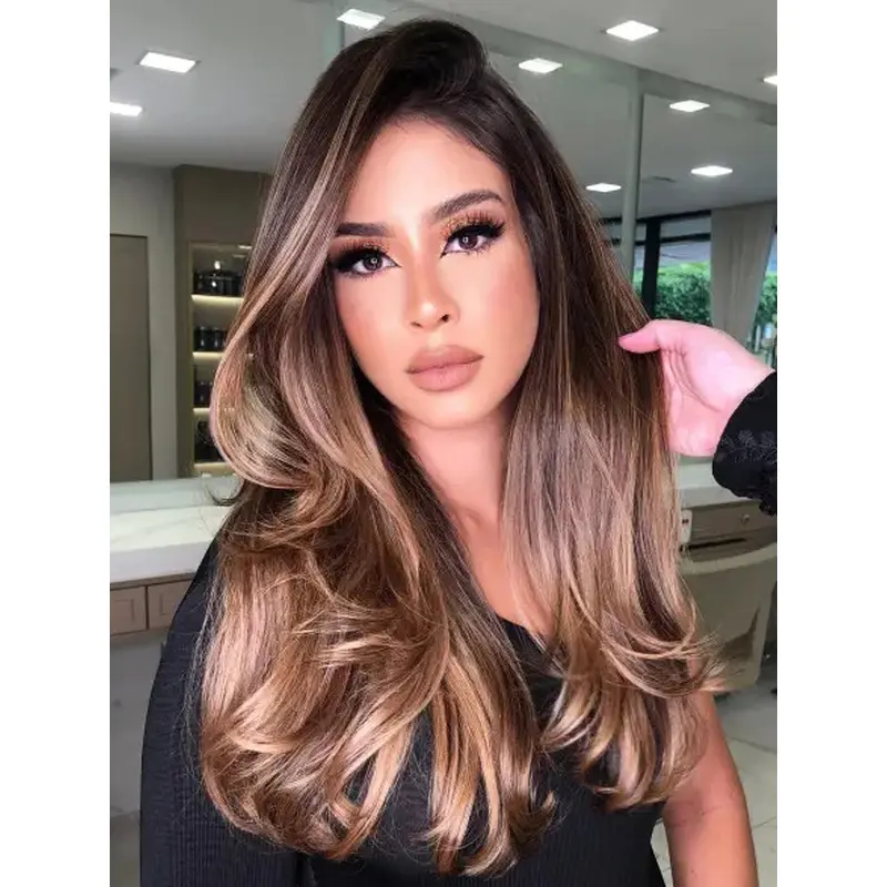 Long Brown Hair Wig Wavy Layered Popular Wig Deep Side Part Wigs Long Hair