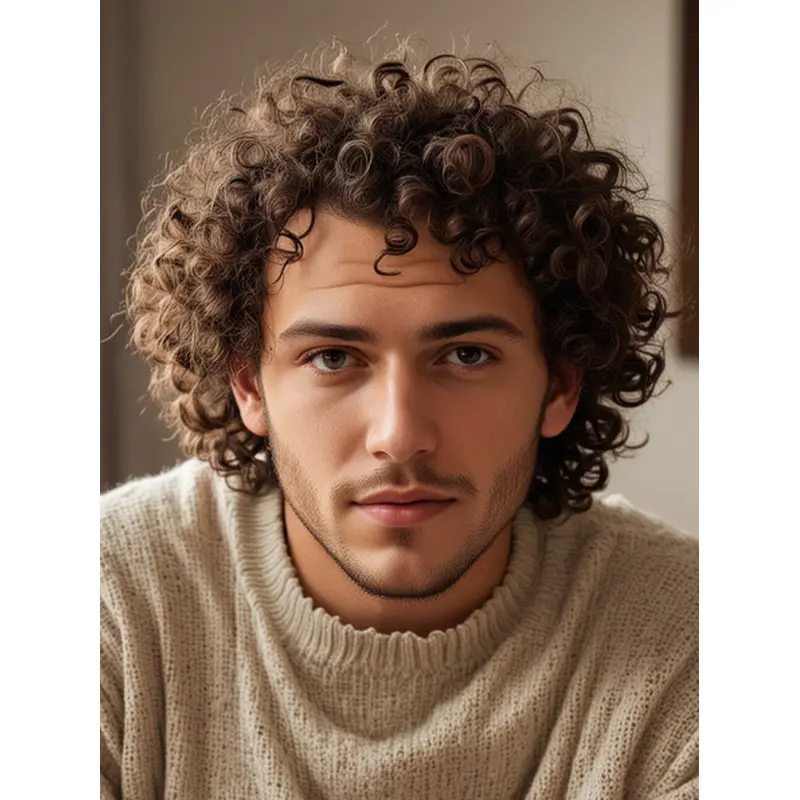 Mens Curly Hair Wigs Remy Human Hair Lace Front 10" Brown Wigs