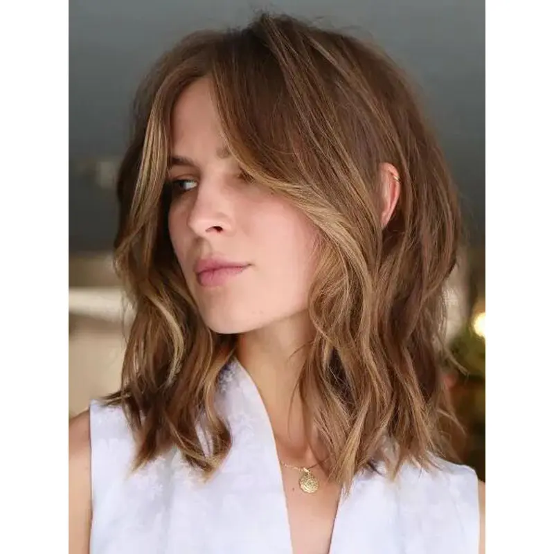 Human Hair Wigs For Women Brown Wavy Lace Front New Collarbone Cut Wigs