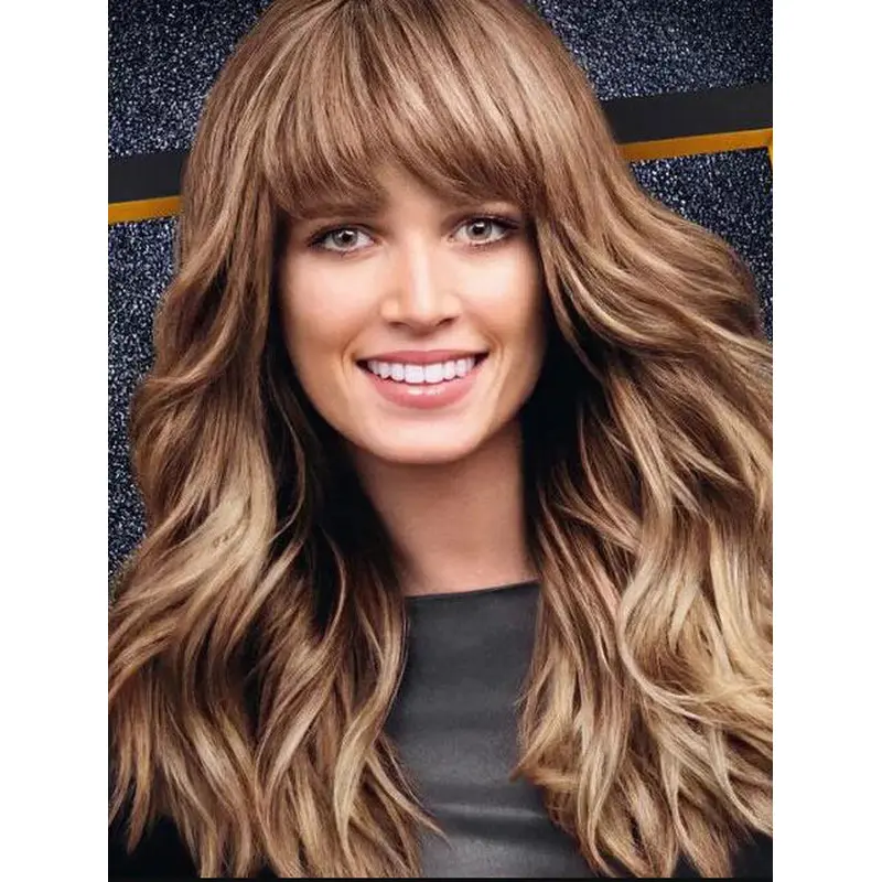 Lace Wig Brown Wavy Long Synthetic With Bangs Lace Front Wigs