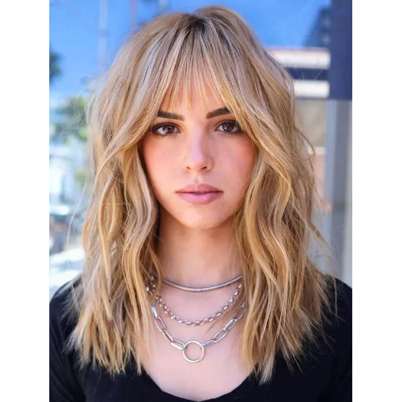 Ladies Wigs Shoulder Length Blonde Wigs Synthetic With Bangs Lace Wigs