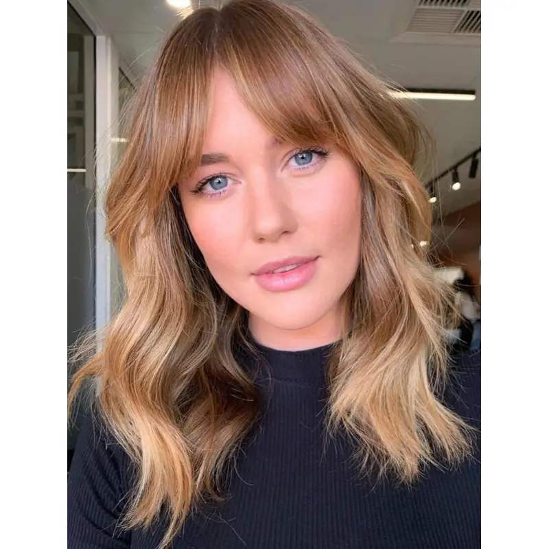 Long Brown Wavy Wig 14" Lace Front Sassy Curtain Bangs Wigs