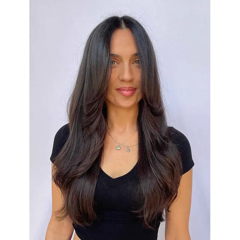 Long Wig Sleek Layered Synthetic Long Brown Wig Lace Face-Framing Wigs