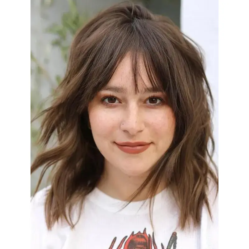 Long Wig With Bangs Brown Lace Front Wavy Synthetic Thin Bangs Wigs