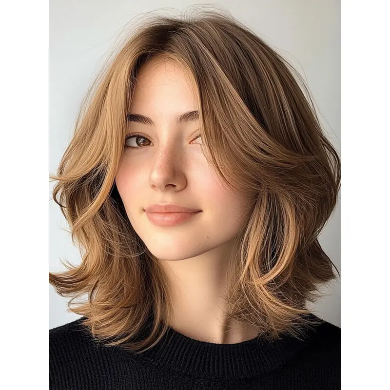 Medium Length Layered Wig Monofilament 14" Remy Human Hair Blonde Wavy Wigs