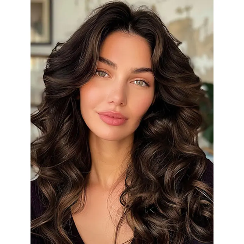 Monofilament 16" Wavy Long Brown Human Hair Wigs