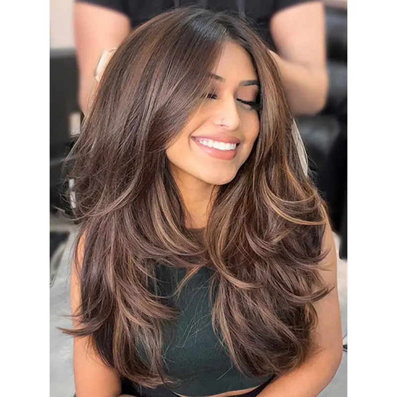 Monofilament Layered 18" Wavy Long Brown Wig