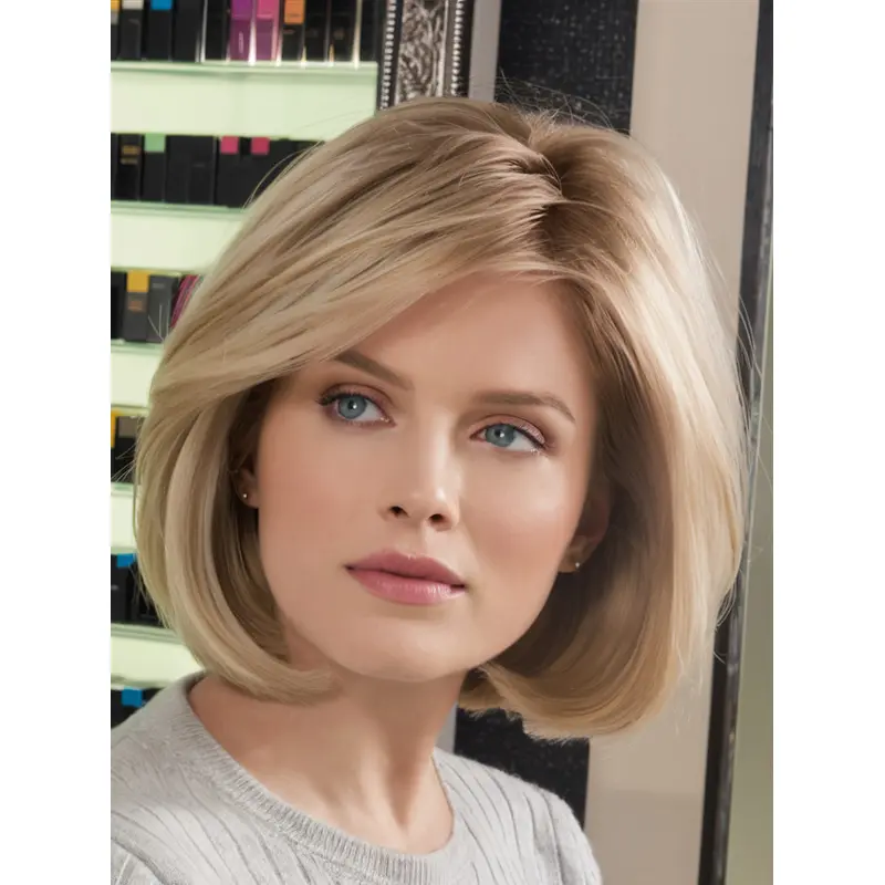Wavy Blonde Wig Medium Length Monofilament Bobs 10" Remy Human Hair Wigs