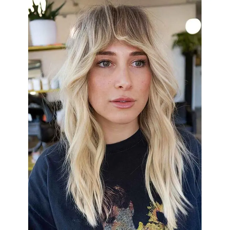 Blonde Lace Front Wigs Wavy Blonde Synthetic With Bangs Long Layers Wigs
