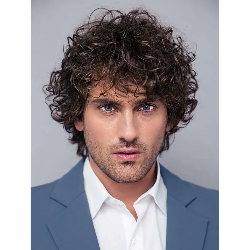 Brown Remy Human Hair Monofilament Curly Medium Curly Bob Men Wigs
