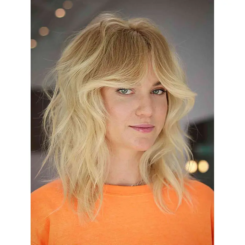 Ladies Blonde Wigs Medium Wavy 14" With Bangs Monofilament Wigs
