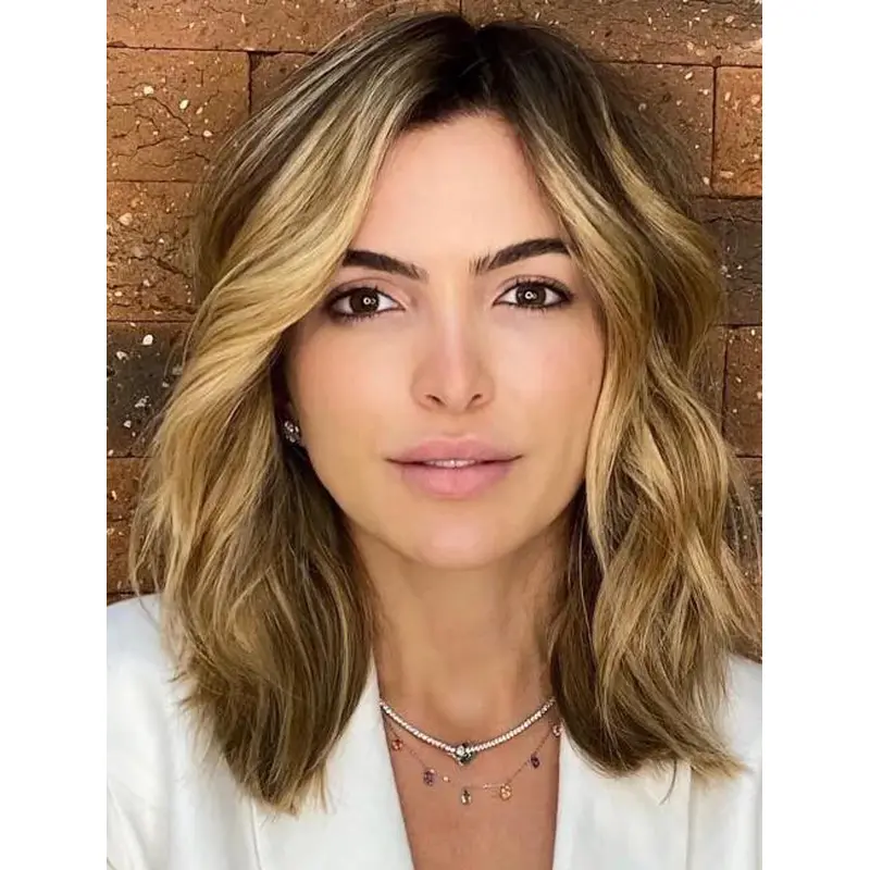 Long Wavy Wigs Synthetic Blonde Lace Front Layered Modern Curtain Bangs Wigs