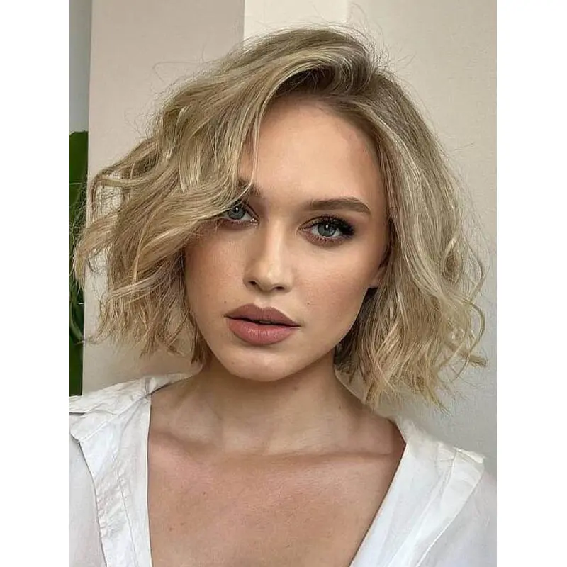 Short Bob Wigs Lace Front Blonde Wigs Wavy Side Parting Synthetic Wigs