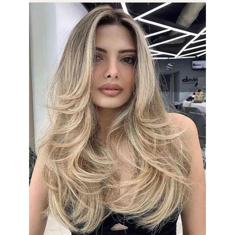 Long Human Hair Wigs Wavy Lace Front Blonde Layered Flipped Out Ends Wigs