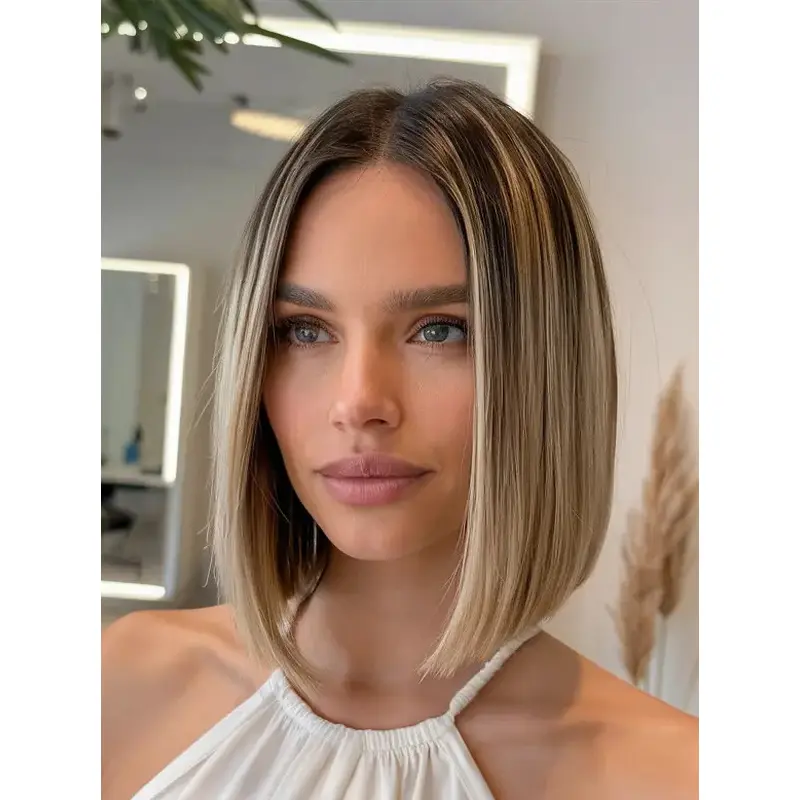 Medium Blonde Bob Wig Monofilament Remy Human Hair Shoulder Length Straight 12" Wigs