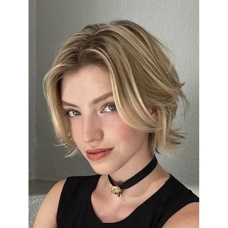 Short Blonde Human Hair Wigs Layered 8" Lace Front Wigs