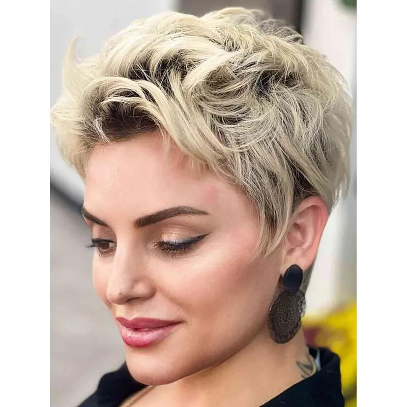Short Hair Wigs Lace Front Wavy Blonde Wig Synthetic Flexibility Pixie Wigs
