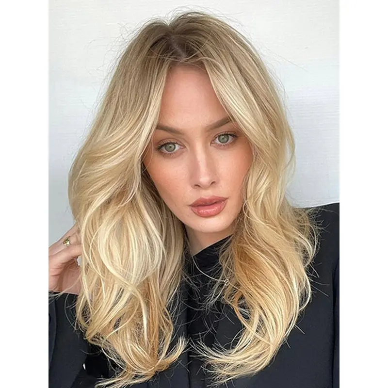 16" Without Bangs Monofilament Human Hair Wigs Long Blonde