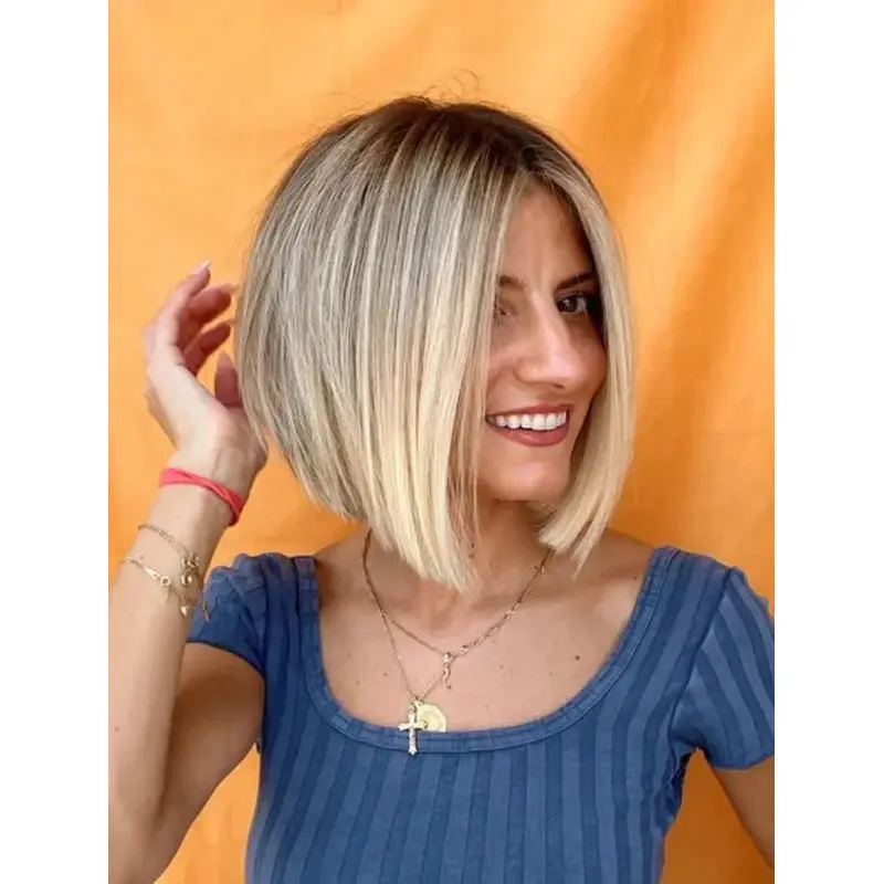 Blonde Wigs Without Bangs Chin Length Lace Wigs Synthetic Bob Wigs