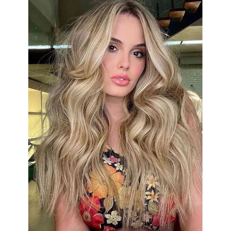 Cheap Blonde Wigs Lace Front Long Synthetic Without Bangs Messy Wavy Wigs