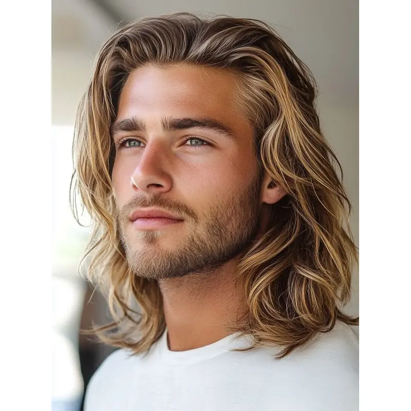 Hair Wig For Men Wavy Shoulder Length 14" Blonde Remy Human Hair Wigs