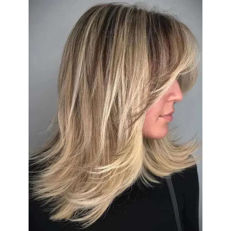 Wavy Blonde Wig 14" Shoulder Length Lace Front Synthetic Side Bangs Wigs