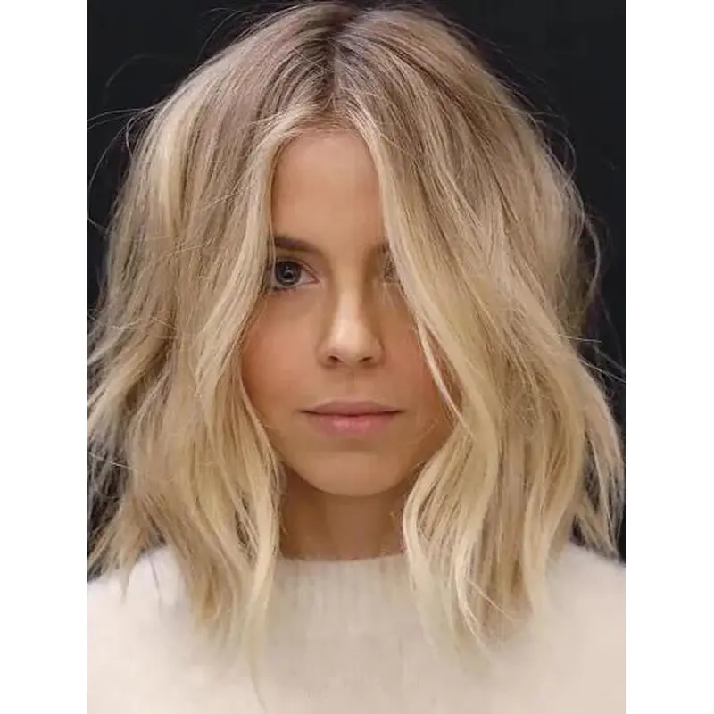 Lace Frontal Blonde Synthetic Wavy Shoulder Length Centre-Parted Wigs