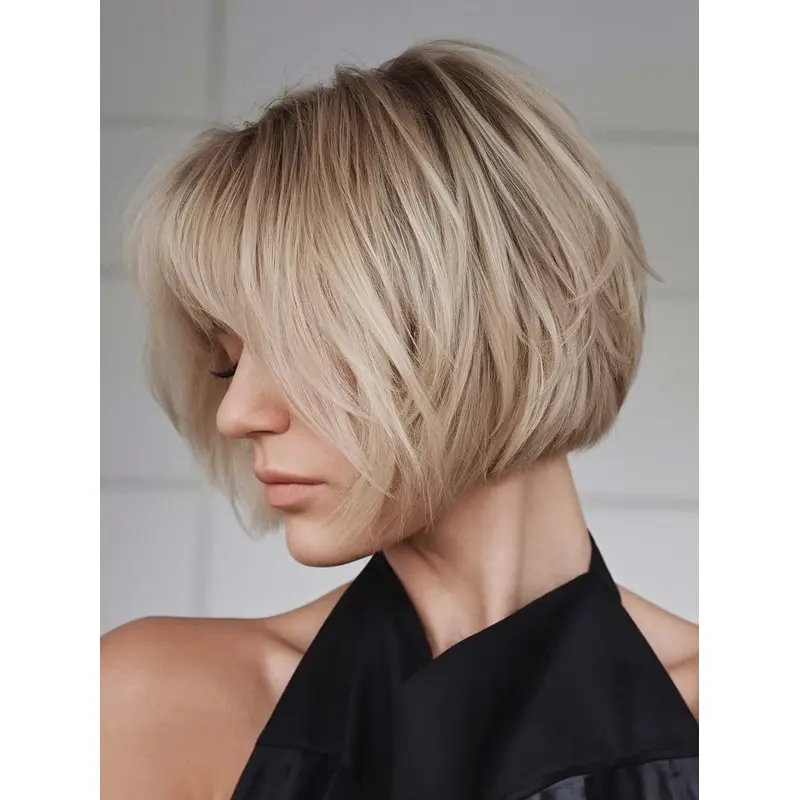 Lace Wigs Blunt Cut Bob Straight Chin Length 10" With Bangs Wigs