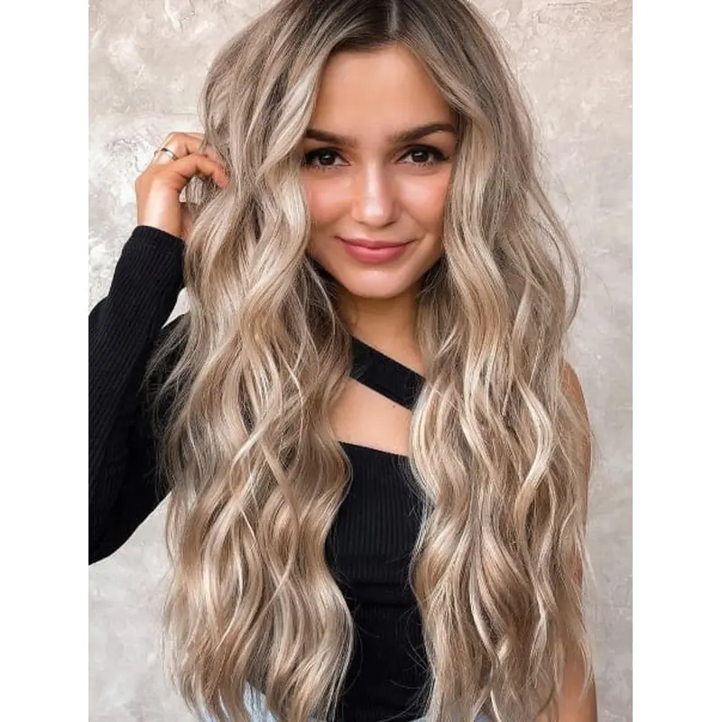 Long Blonde Wig Without Bangs Synthetic Wigs Wavy Face-Framing Wigs