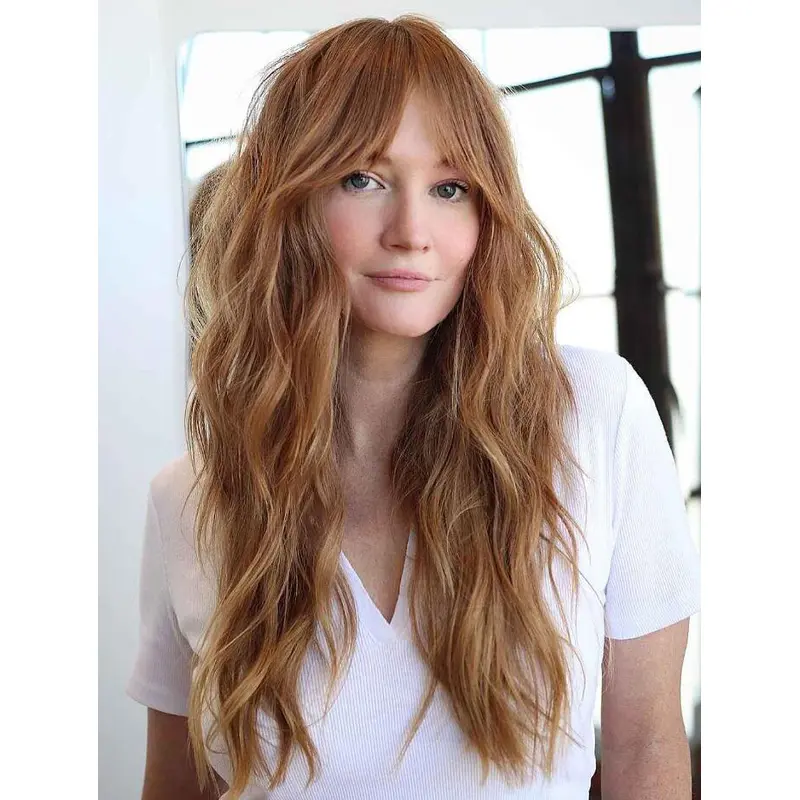 Long Human Hair Wigs Wavy Lace Front Wigs Modern Blonde Curtain Bangs Wigs