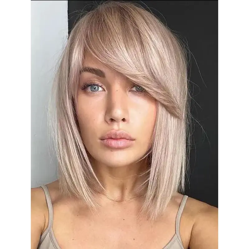 Wig Shop Lace Front Synthetic Straight Blonde Chin Length With Bangs Side Bangs Wigs