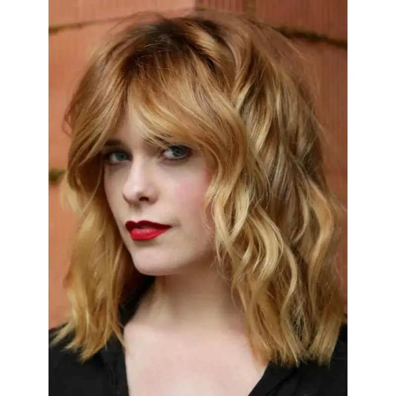 Womens Wigs Wavy Synthetic Lace Front Wigs Shoulder Length With Bangs Blonde Wigs