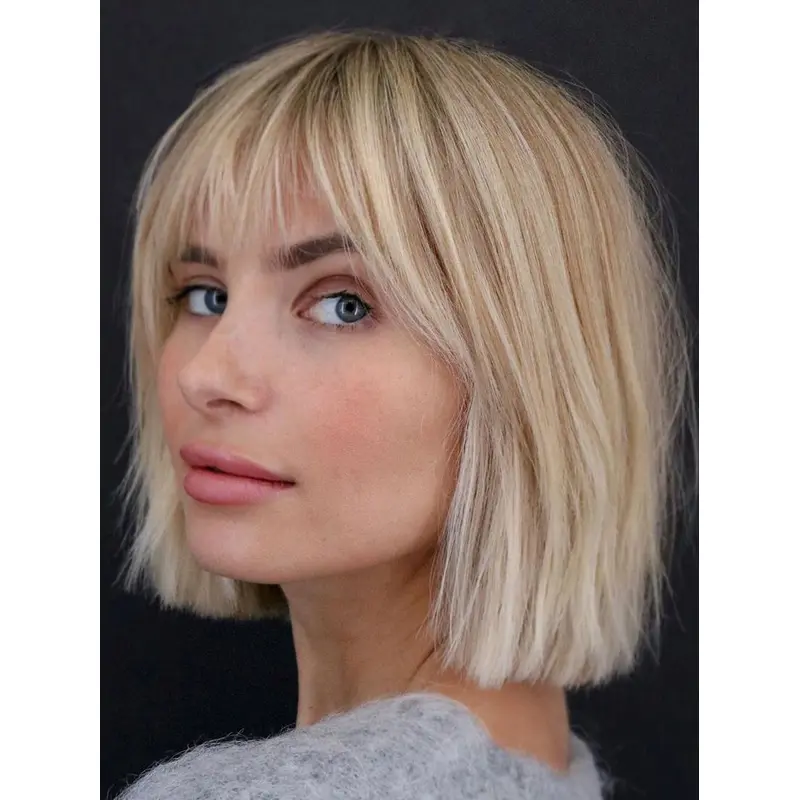 Blonde Bob Style Wigs Synthetic 10" Straight With Bangs Wigs