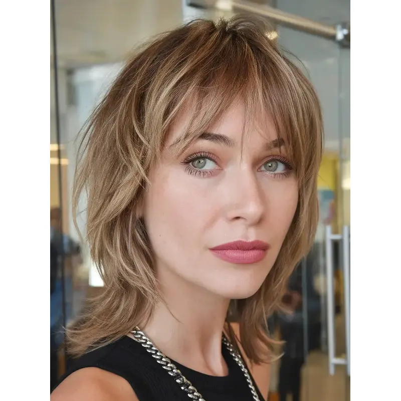 Medium Blonde Wig With Bangs Synthetic Shoulder Length Monofilament Straight 14" Wigs