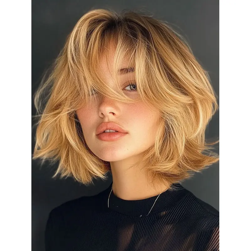 Medium Length Wig With Bangs Blonde Synthetic Wavy 12" Monofilament Wigs