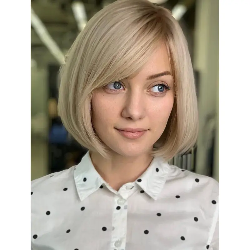 Synthetic Lace Front Wigs Blonde Shoulder Length Wigs With Bangs Bob Wigs